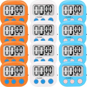 12 Pack Small Digital Kitchen Timer Magnetic Back and ON/Off Switch,Minute Second Count Up Countdown（White,Blue,Orange