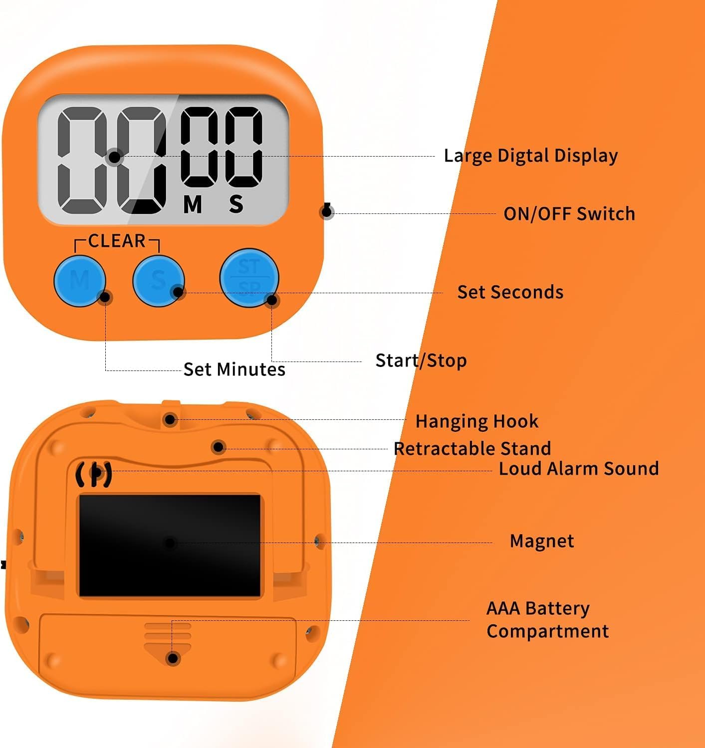 12 Pack Small Digital Kitchen Timer Magnetic Back and ON/Off Switch,Minute Second Count Up Countdown(White,Blue,Orange - Image 5