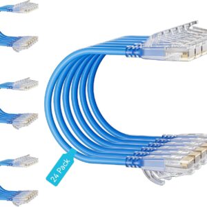 Cat6 Slim Patch Cables 2 Feet 24-Pack Blue, Cat6a Patch Cables 10Gbps 550MHz High-Speed, Cat 6 Ethernet Cable Pure Copper UTP, Flexible & Thin Patch Cable Cat 6 for Network Cabling