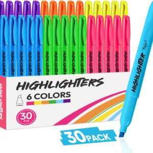 Taja 30 Pack Highlighters, Assorted 6 Colors, Chisel Tip with No Bleed Ink